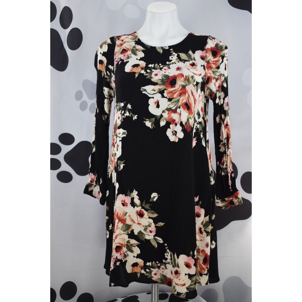 Altar'd State Dress Long Sleeve Round Neck Black with Pink Floral Print Size Med